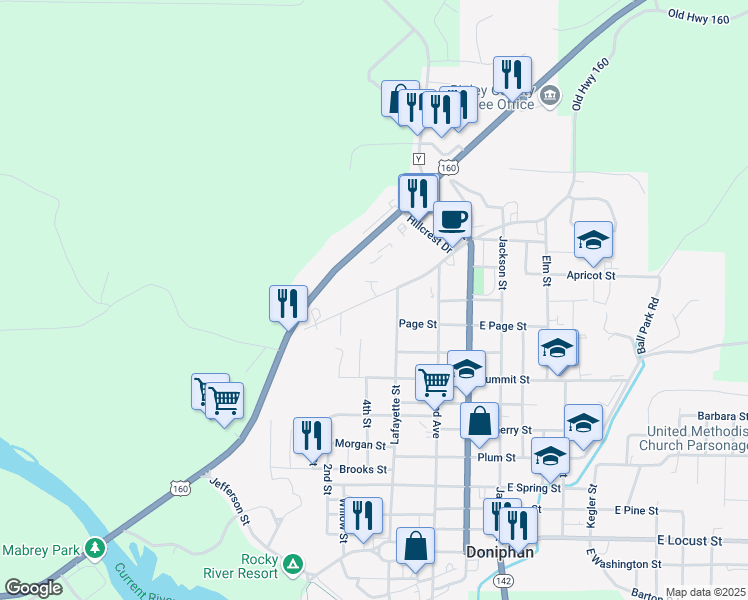 map of restaurants, bars, coffee shops, grocery stores, and more near 160 West Highway Street in Doniphan