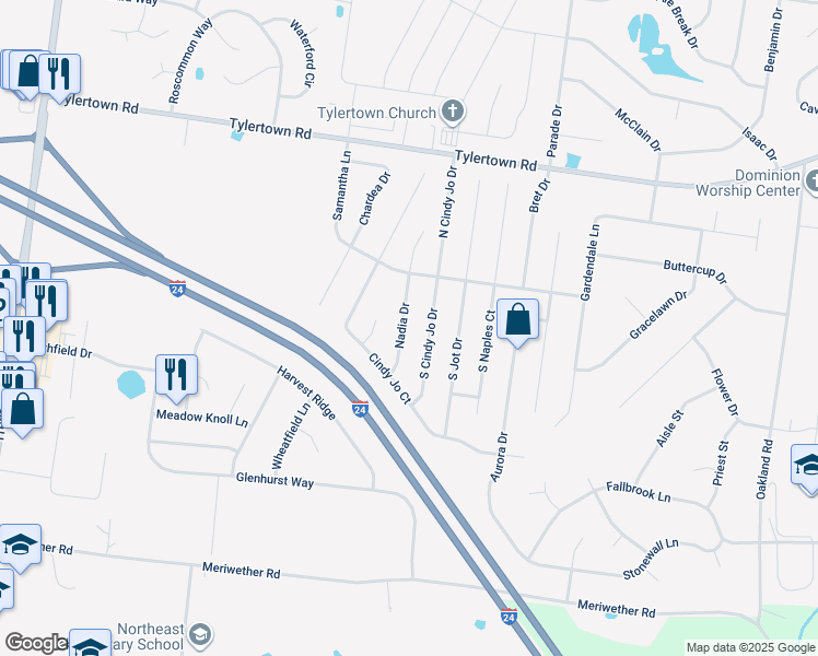 map of restaurants, bars, coffee shops, grocery stores, and more near 3700 South Cindy Jo Drive in Clarksville