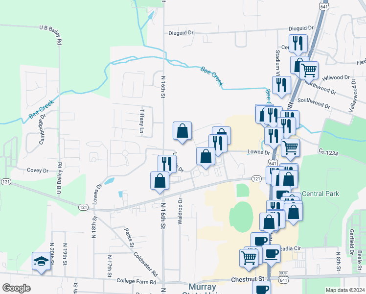 map of restaurants, bars, coffee shops, grocery stores, and more near 1550 Lowes Drive in Murray