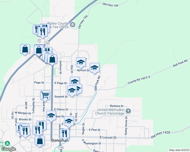 map of restaurants, bars, coffee shops, grocery stores, and more near 5 Ball Park Road in Doniphan