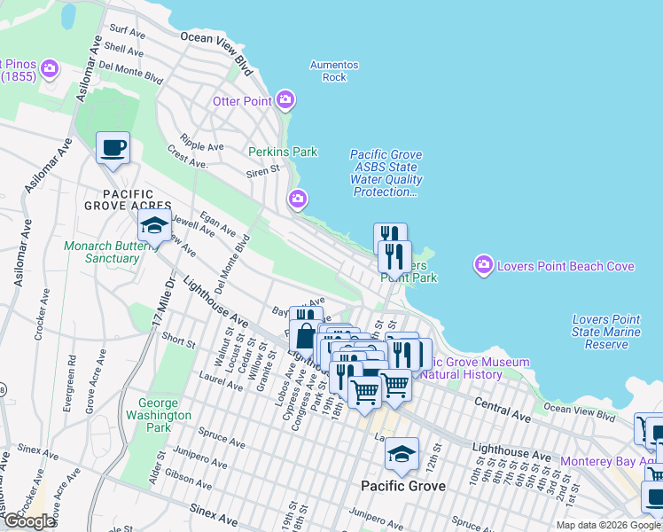 map of restaurants, bars, coffee shops, grocery stores, and more near 725 Ocean View Boulevard in Pacific Grove
