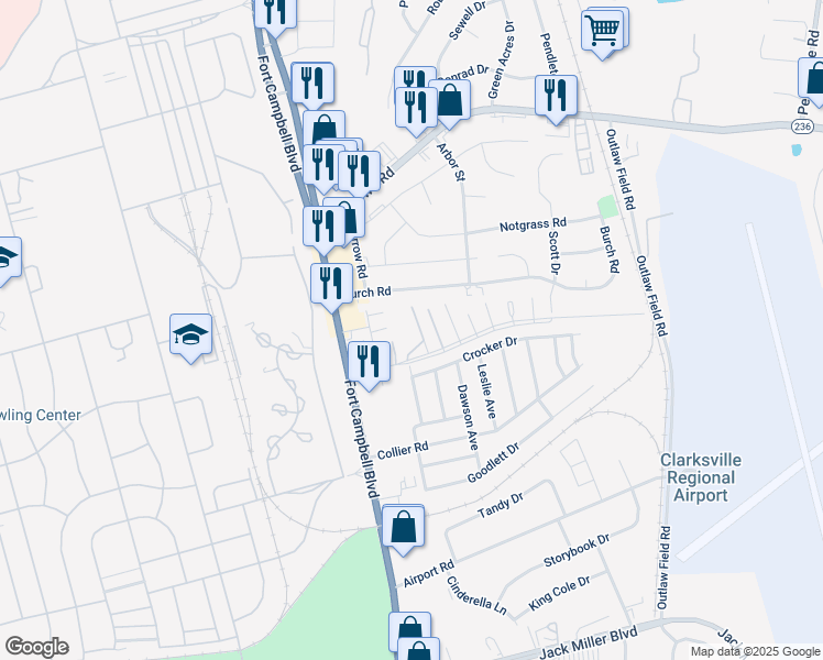 map of restaurants, bars, coffee shops, grocery stores, and more near 151 Wallace Boulevard in Clarksville