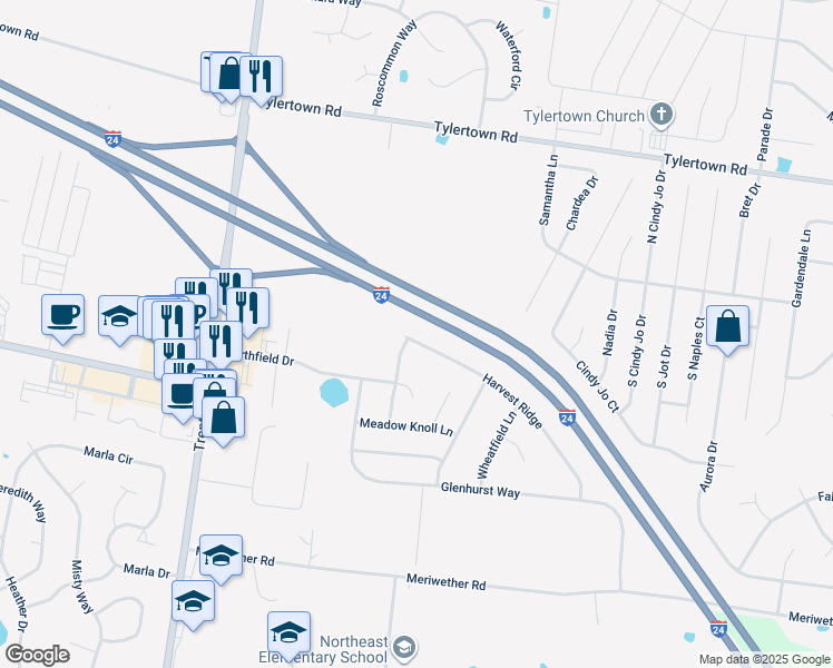 map of restaurants, bars, coffee shops, grocery stores, and more near 3837 Harvest Ridge in Clarksville