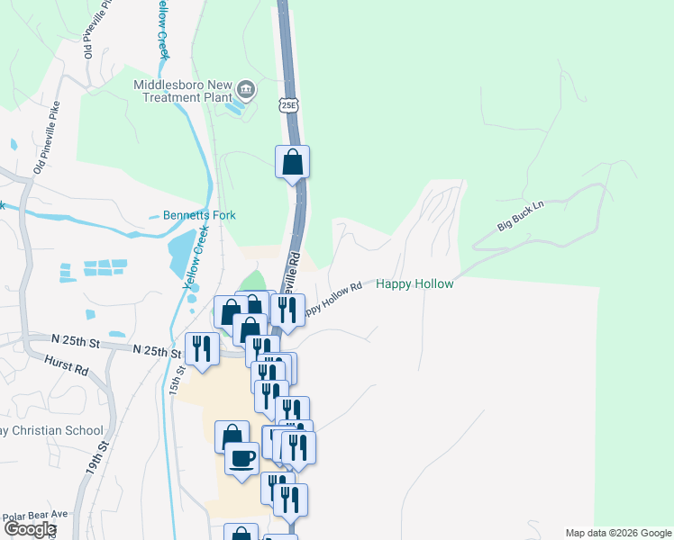 map of restaurants, bars, coffee shops, grocery stores, and more near 24 Happy Hollow Road in Middlesboro