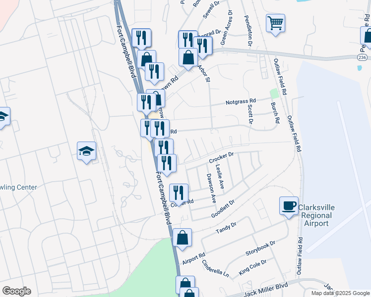 map of restaurants, bars, coffee shops, grocery stores, and more near 151 Wallace Boulevard in Clarksville