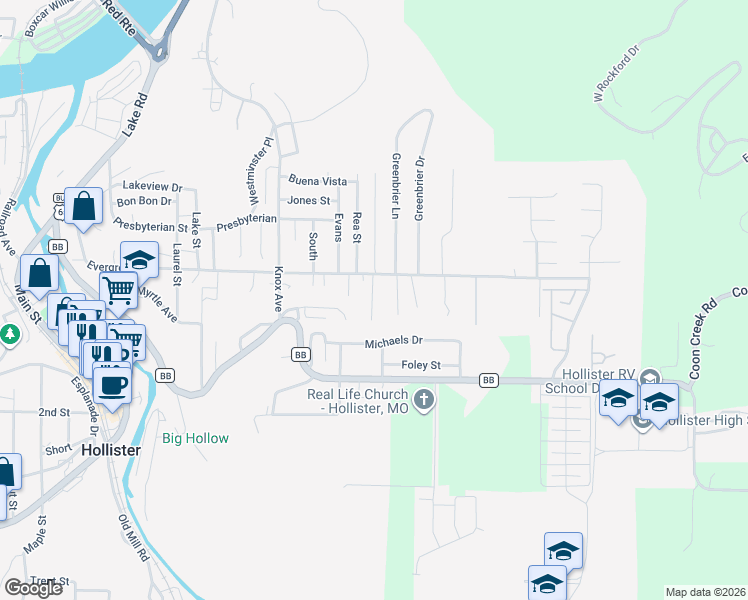 map of restaurants, bars, coffee shops, grocery stores, and more near 950 Evergreen Avenue in Hollister