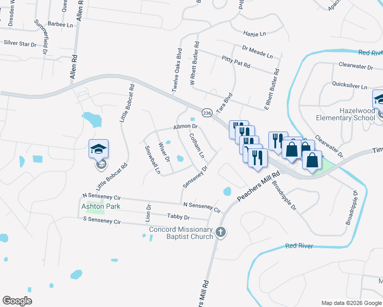 map of restaurants, bars, coffee shops, grocery stores, and more near 3349 Franklin Meadows Way in Clarksville