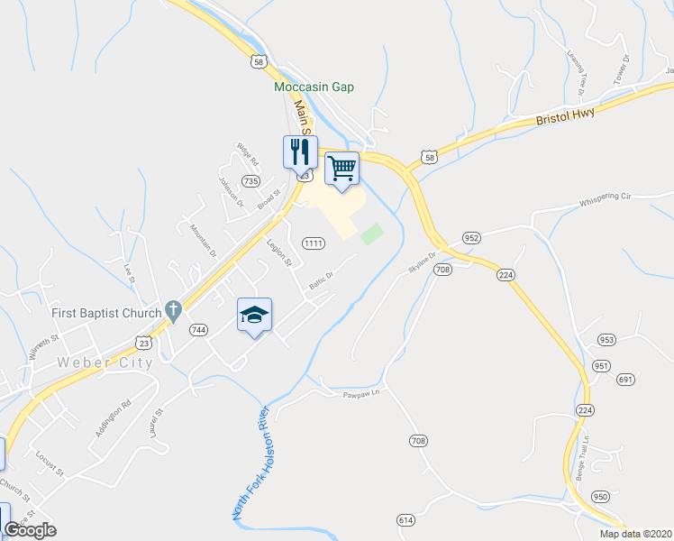 map of restaurants, bars, coffee shops, grocery stores, and more near 124 Baltic Drive in Weber City