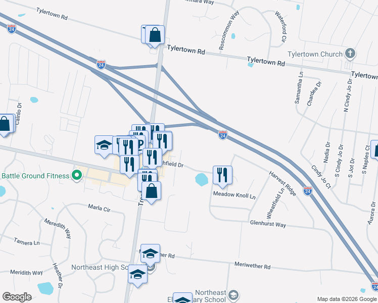 map of restaurants, bars, coffee shops, grocery stores, and more near 1237 Northfield Drive in Clarksville