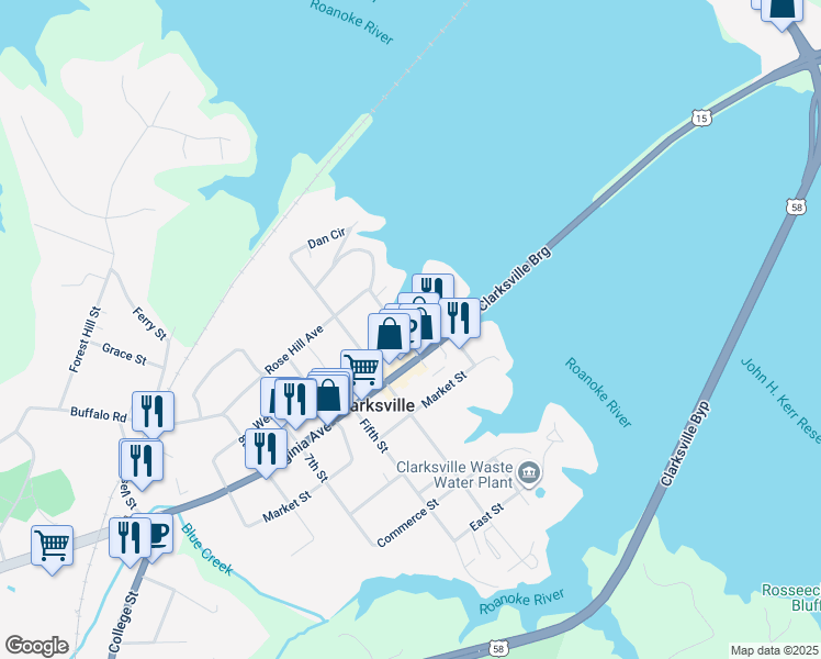 map of restaurants, bars, coffee shops, grocery stores, and more near 104 2nd Street in Clarksville