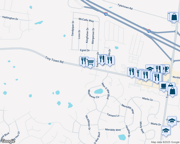 map of restaurants, bars, coffee shops, grocery stores, and more near 1994 State Highway 6310 in Clarksville