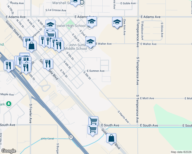 map of restaurants, bars, coffee shops, grocery stores, and more near 7 East Sumner Avenue in Fowler