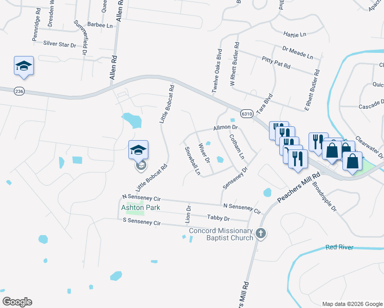 map of restaurants, bars, coffee shops, grocery stores, and more near 1203 Snowball Lane in Clarksville