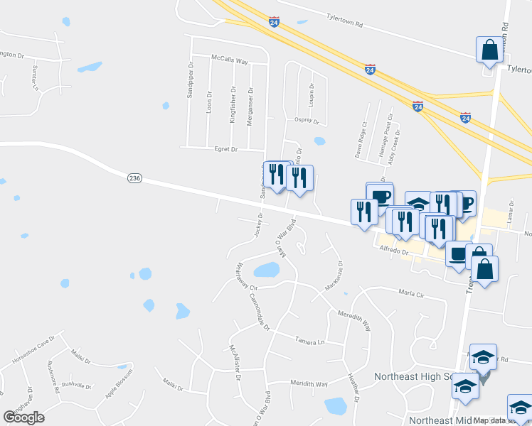 map of restaurants, bars, coffee shops, grocery stores, and more near 3873 Jockey Drive in Clarksville