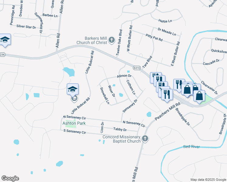 map of restaurants, bars, coffee shops, grocery stores, and more near 3361 Wiser Drive in Clarksville