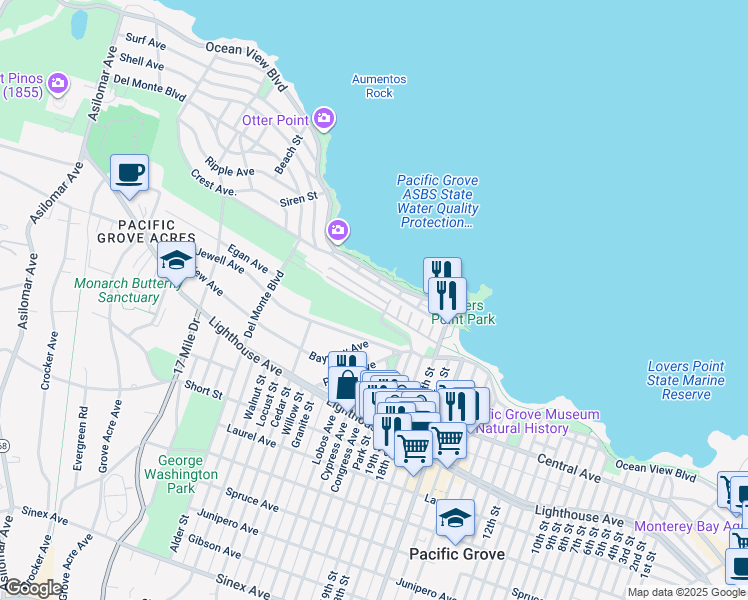 map of restaurants, bars, coffee shops, grocery stores, and more near 700 Briggs Street in Pacific Grove