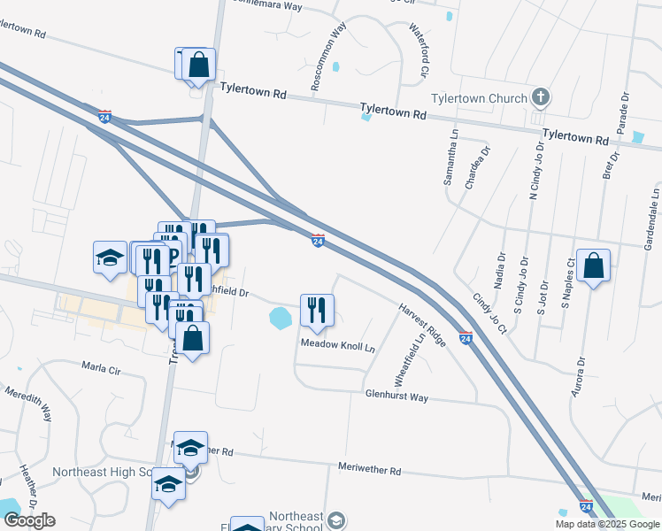 map of restaurants, bars, coffee shops, grocery stores, and more near 3837 Harvest Ridge in Clarksville