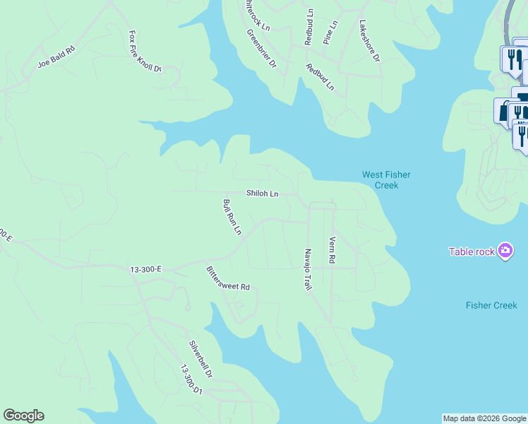 map of restaurants, bars, coffee shops, grocery stores, and more near 224 Shiloh Lane in Kimberling City