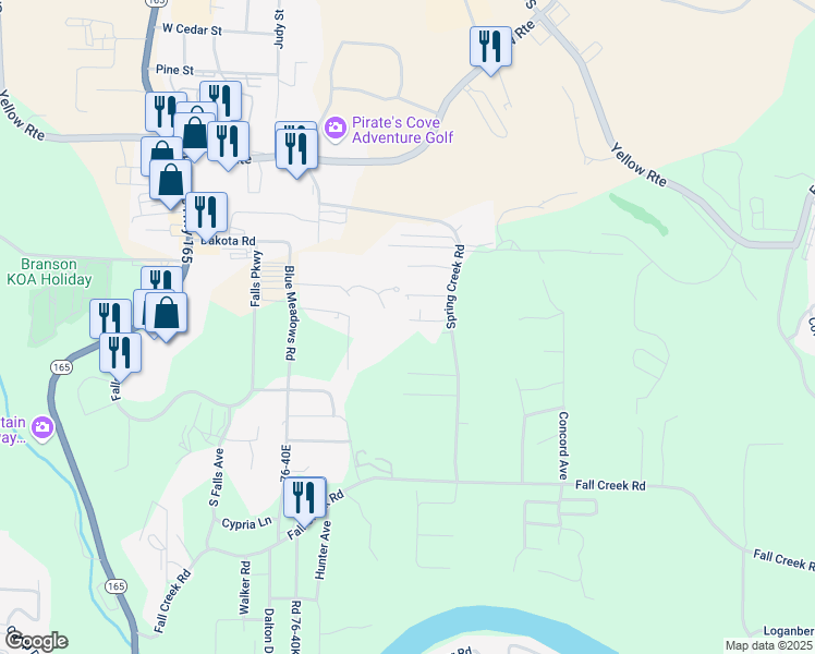 map of restaurants, bars, coffee shops, grocery stores, and more near 192 Hickory Drive in Branson