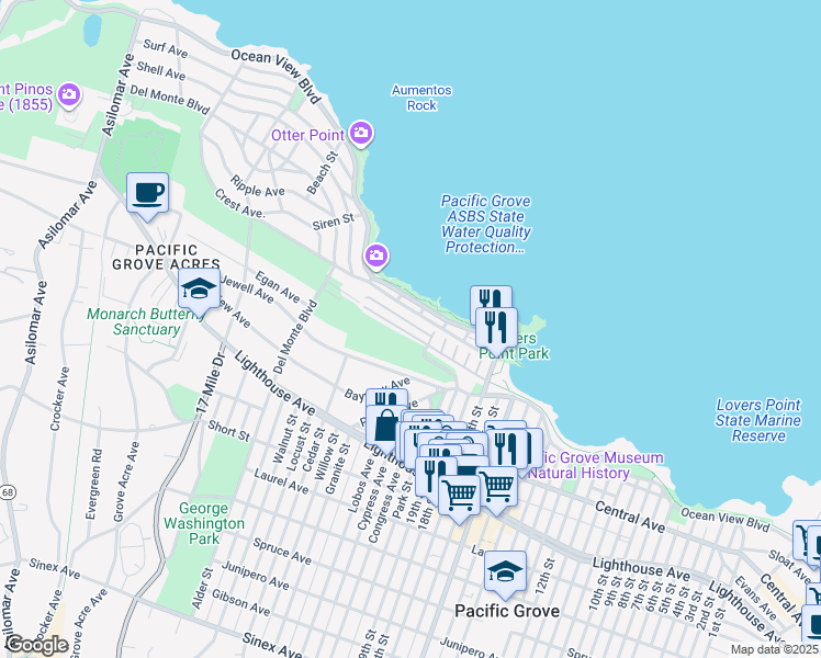 map of restaurants, bars, coffee shops, grocery stores, and more near 725 Ocean View Boulevard in Pacific Grove