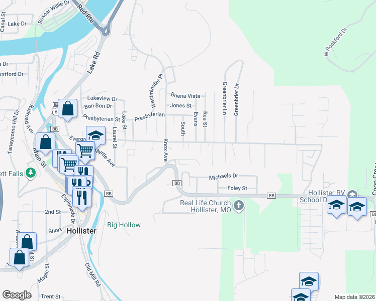 map of restaurants, bars, coffee shops, grocery stores, and more near 822 Evergreen Avenue in Hollister