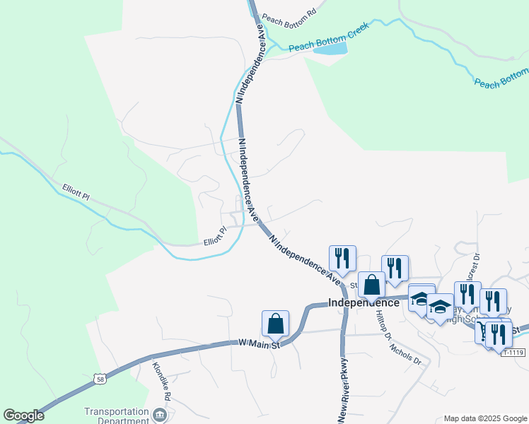 map of restaurants, bars, coffee shops, grocery stores, and more near 503 North Independence Avenue in Independence