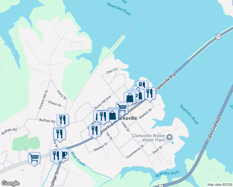 map of restaurants, bars, coffee shops, grocery stores, and more near 309 State Route 1108 in Clarksville