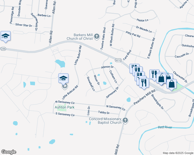 map of restaurants, bars, coffee shops, grocery stores, and more near 3361 Wiser Drive in Clarksville