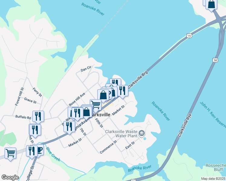 map of restaurants, bars, coffee shops, grocery stores, and more near 104 2nd Street in Clarksville