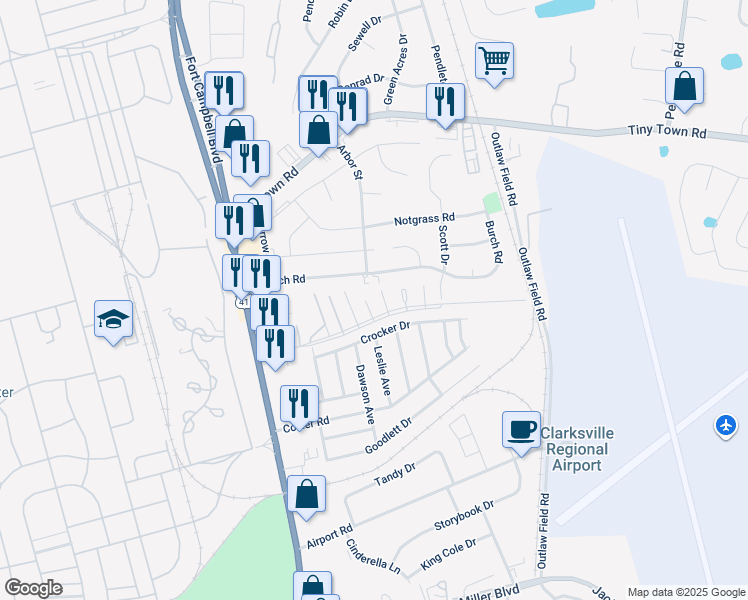map of restaurants, bars, coffee shops, grocery stores, and more near 171 Wallace Boulevard in Clarksville