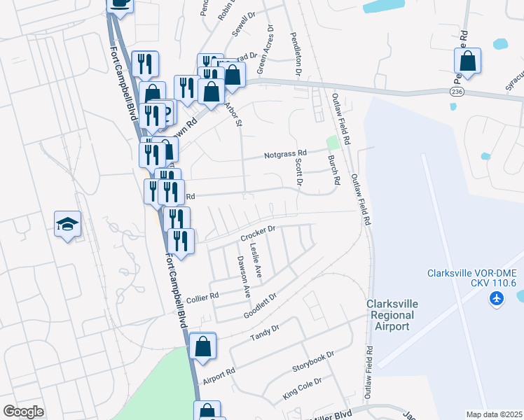 map of restaurants, bars, coffee shops, grocery stores, and more near 171 Wallace Boulevard in Clarksville
