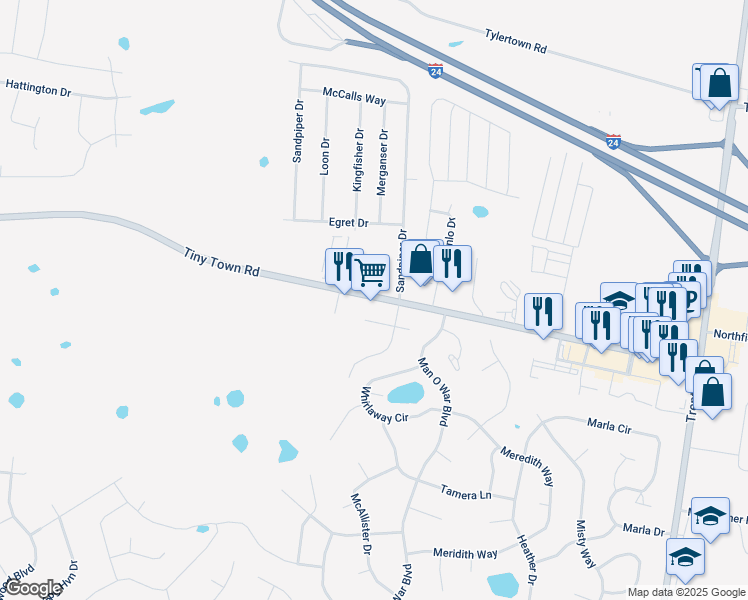 map of restaurants, bars, coffee shops, grocery stores, and more near 1994 State Highway 6310 in Clarksville