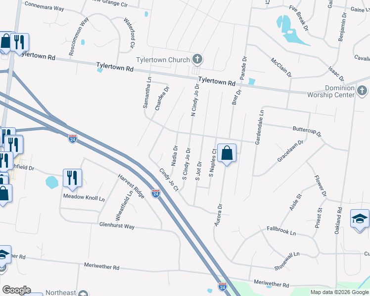 map of restaurants, bars, coffee shops, grocery stores, and more near 3700 South Cindy Jo Drive in Clarksville