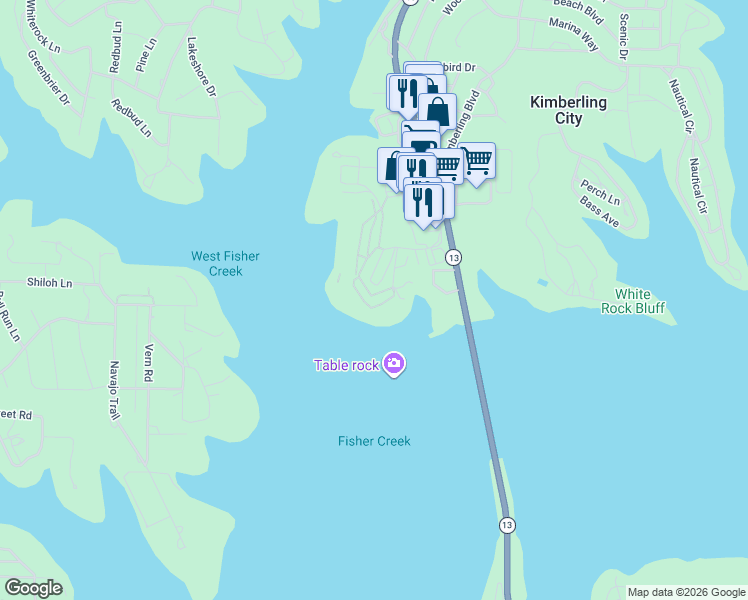map of restaurants, bars, coffee shops, grocery stores, and more near 222 Anchors Point Lane in Kimberling City