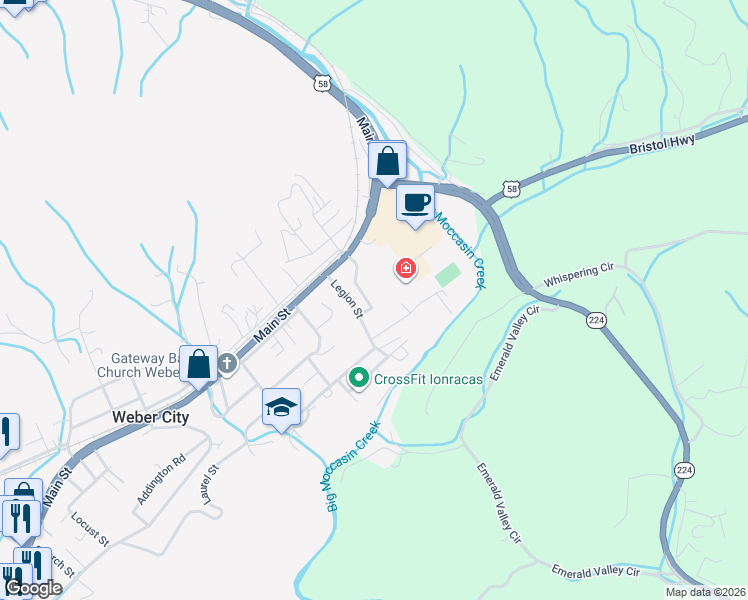 map of restaurants, bars, coffee shops, grocery stores, and more near 151 Ventor Drive in Weber City