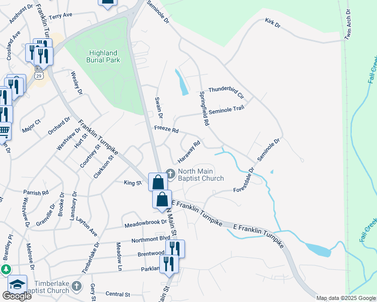 map of restaurants, bars, coffee shops, grocery stores, and more near 301 Haraway Road in Danville