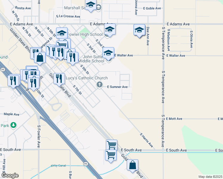 map of restaurants, bars, coffee shops, grocery stores, and more near 1391 East Sumner Avenue in Fowler