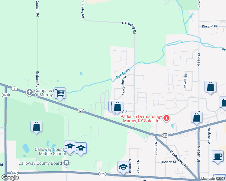 map of restaurants, bars, coffee shops, grocery stores, and more near 210 Megan Drive in Murray