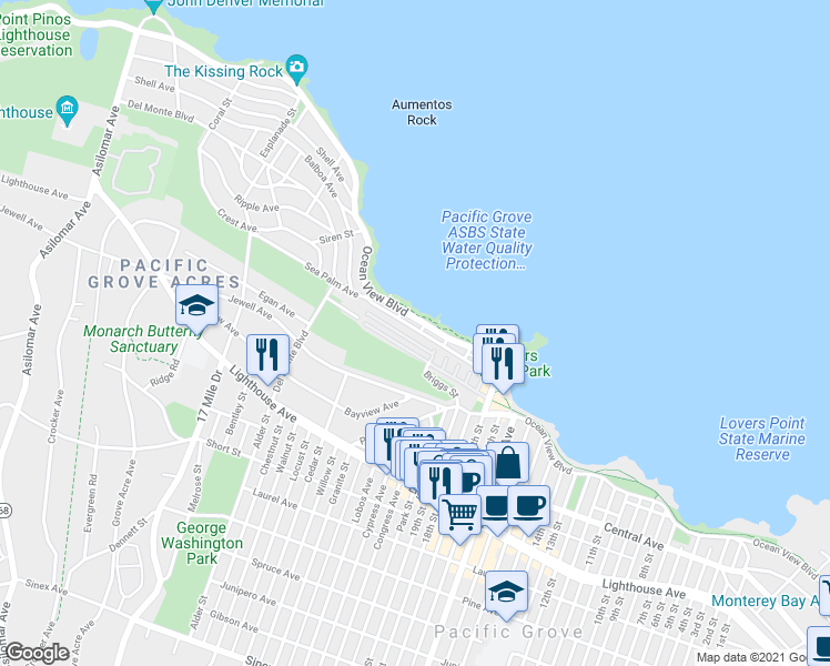 map of restaurants, bars, coffee shops, grocery stores, and more near 725 Ocean View Boulevard in Pacific Grove