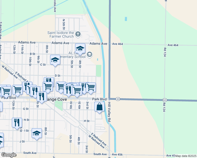 map of restaurants, bars, coffee shops, grocery stores, and more near 410 2nd Street in Orange Cove