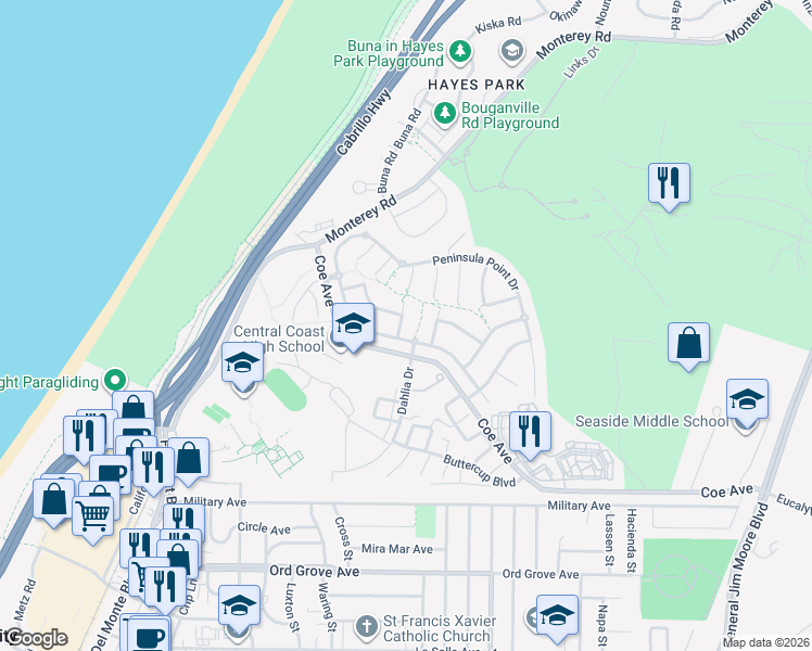 map of restaurants, bars, coffee shops, grocery stores, and more near 4897 Sea Crest Court in Seaside