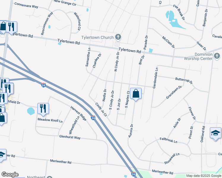 map of restaurants, bars, coffee shops, grocery stores, and more near 3700 South Cindy Jo Drive in Clarksville