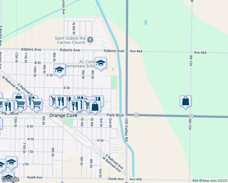 map of restaurants, bars, coffee shops, grocery stores, and more near 410 2nd Street in Orange Cove