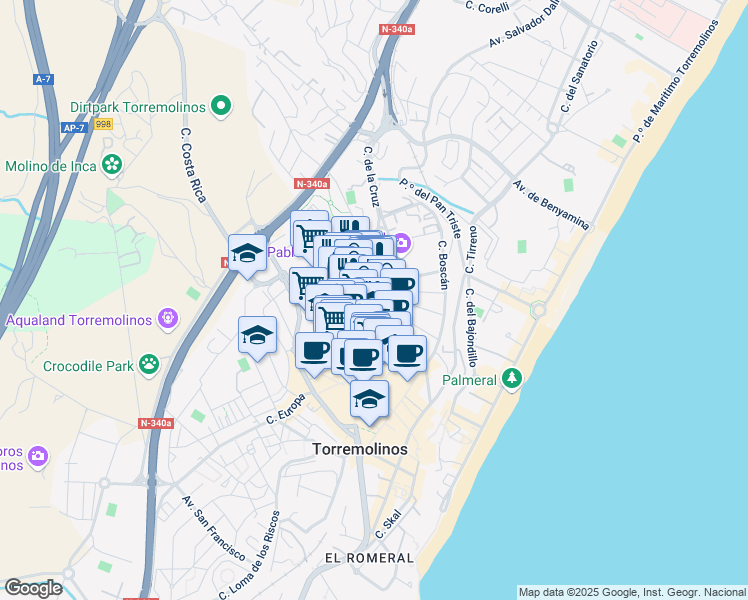 map of restaurants, bars, coffee shops, grocery stores, and more near Calle Hoyo in Torremolinos