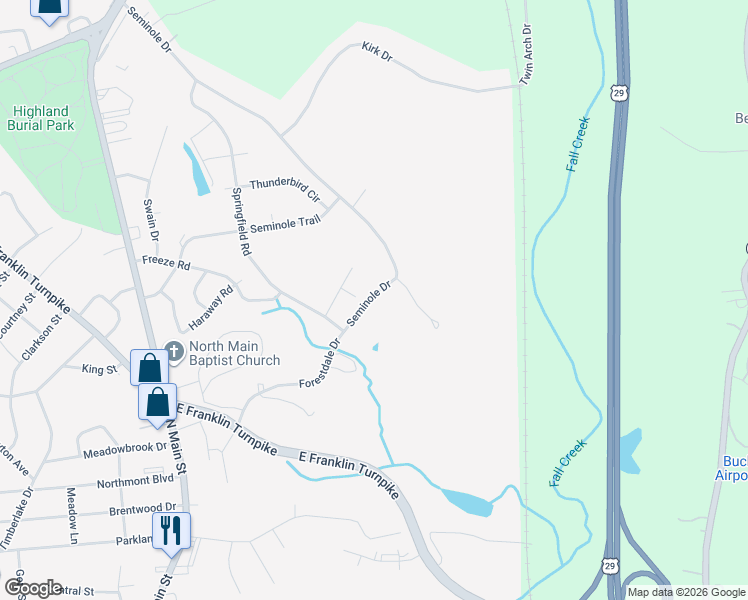 map of restaurants, bars, coffee shops, grocery stores, and more near 206 Seminole Drive in Danville