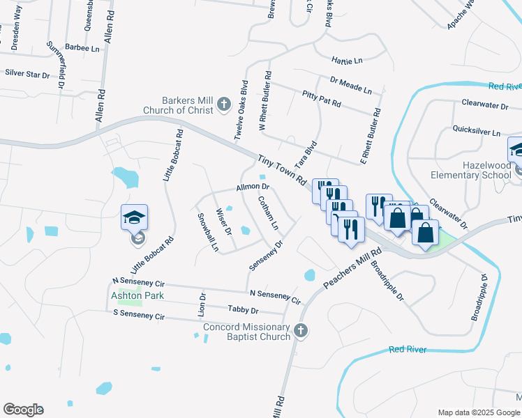 map of restaurants, bars, coffee shops, grocery stores, and more near 3349 Franklin Meadows Way in Clarksville