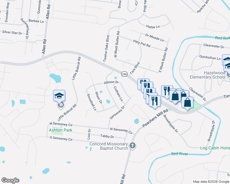 map of restaurants, bars, coffee shops, grocery stores, and more near 3349 Franklin Meadows Way in Clarksville