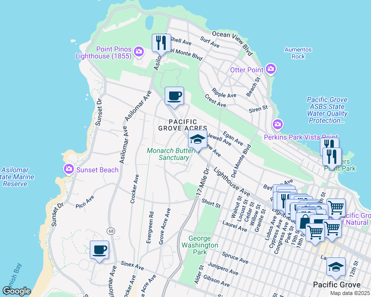 map of restaurants, bars, coffee shops, grocery stores, and more near 1038 Lighthouse Avenue in Pacific Grove