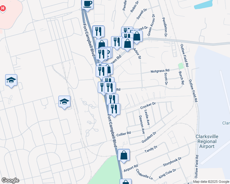 map of restaurants, bars, coffee shops, grocery stores, and more near 202 Burch Road in Clarksville