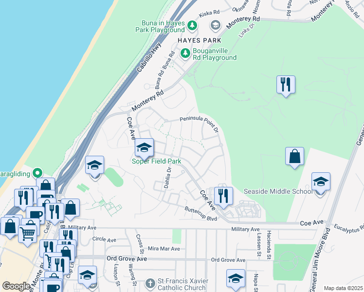 map of restaurants, bars, coffee shops, grocery stores, and more near Beach Wood Dr & Beach Wood Ct in Seaside